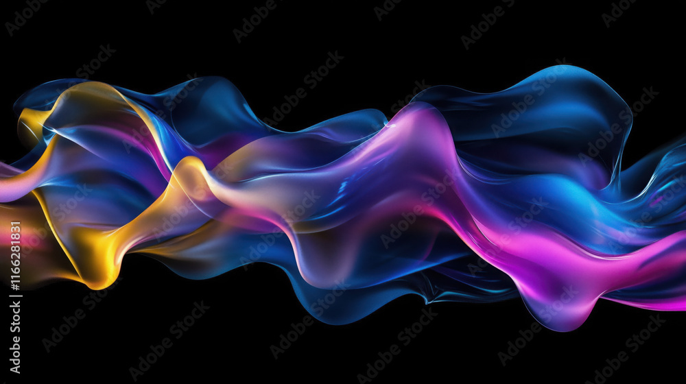 Obraz premium Abstract 3D Flowing Liquid-Like Wave Textures in Electric Blue, Neon Pink, and Bright Yellow Gradient