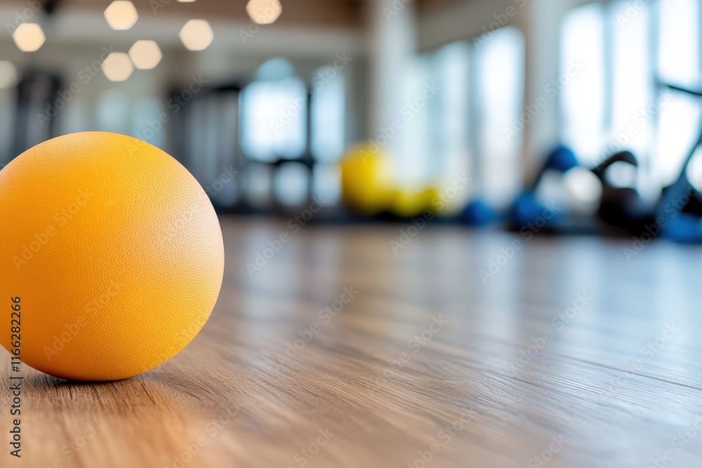 Bright yellow exercise ball resting on polished wooden floor in a modern fitness studio filled with equipment Bright yellow exercise ball resting on polished wooden floor in a modern fitness studio filled with equipment