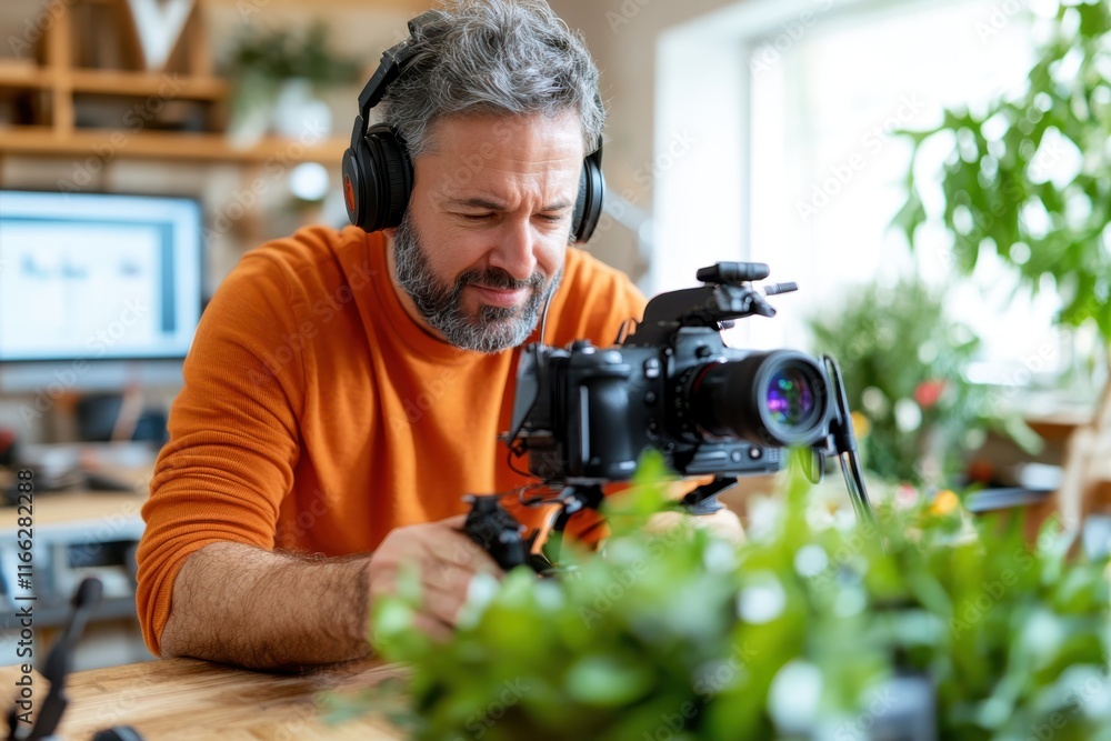 Creative man working on a video project with camera and plants in a cozy workspace Creative man working on a video project with camera and plants in a cozy workspace