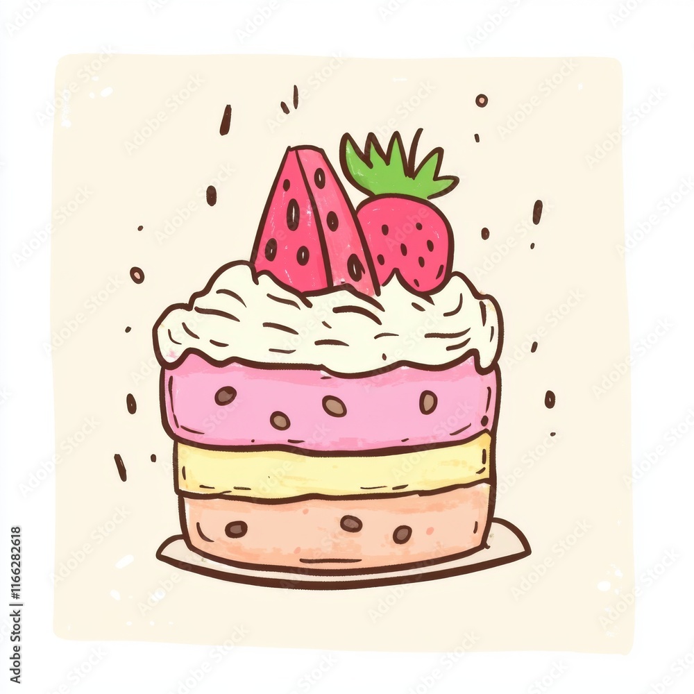 Cute and Colorful Cartoon Desserts with Layers of Whipped Cream and Fresh Strawberries on Top Cute and Colorful Cartoon Desserts with Layers of Whipped Cream and Fresh Strawberries on Top