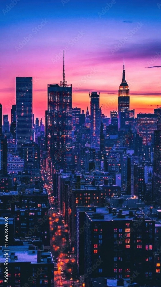 Obraz premium A vibrant city skyline at sunset, showcasing towering buildings and colors.