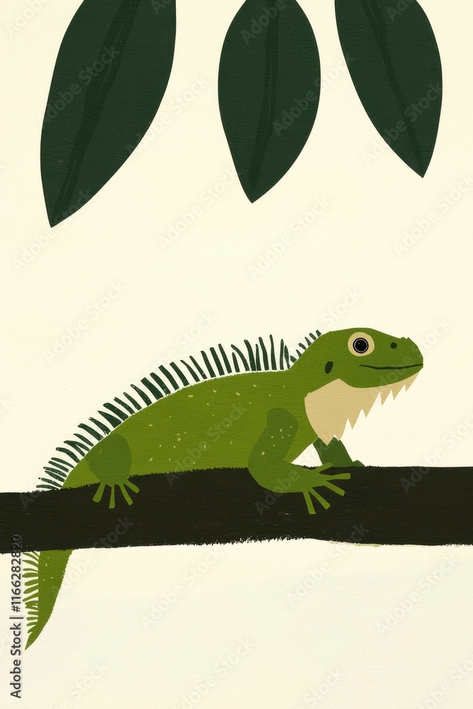Vibrant Green Iguana Relaxing on a Branch Surrounded by Leafy Canopy in Artful Portrait Illustration Vibrant Green Iguana Relaxing on a Branch Surrounded by Leafy Canopy in Artful Portrait Illustration