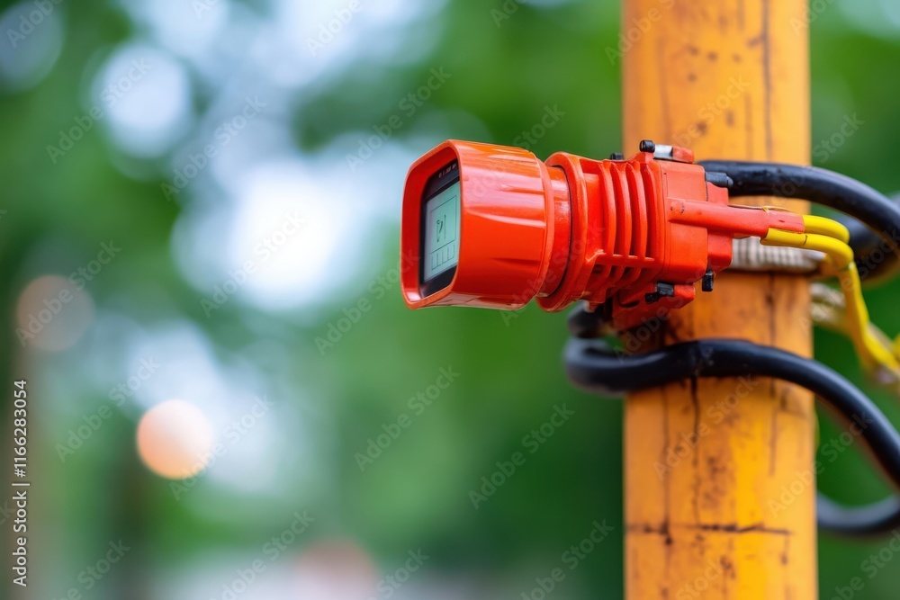 Monitoring device attached to a utility pole captures environmental data in a vibrant urban setting Monitoring device attached to a utility pole captures environmental data in a vibrant urban setting