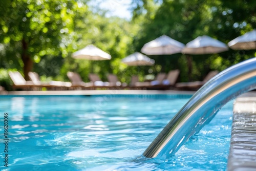 Sunlight dances on crystal-clear waters at a tranquil poolside retreat surrounded by lush greenery and inviting relaxation