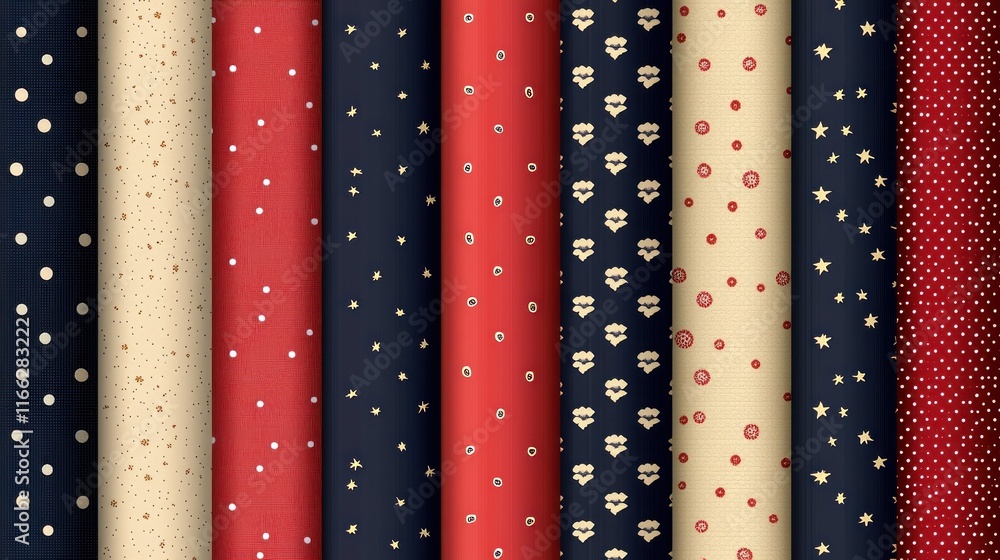 Red, Cream, and Navy Blue Fabric Rolls with Repeating Patterns Red, Cream, and Navy Blue Fabric Rolls with Repeating Patterns