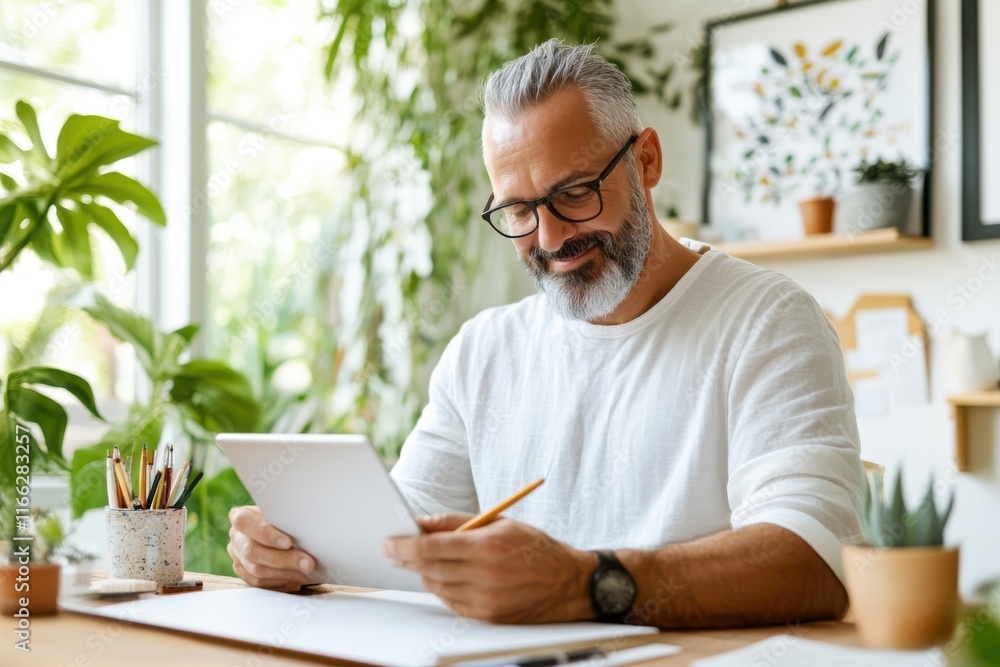 Creative professional engaged in sketching concepts in a bright and inviting workspace adorned with greenery Creative professional engaged in sketching concepts in a bright and inviting workspace adorned with greenery