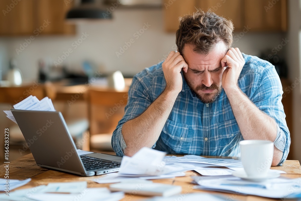 Man struggles with overwhelming paperwork at home office during a busy afternoon Man struggles with overwhelming paperwork at home office during a busy afternoon