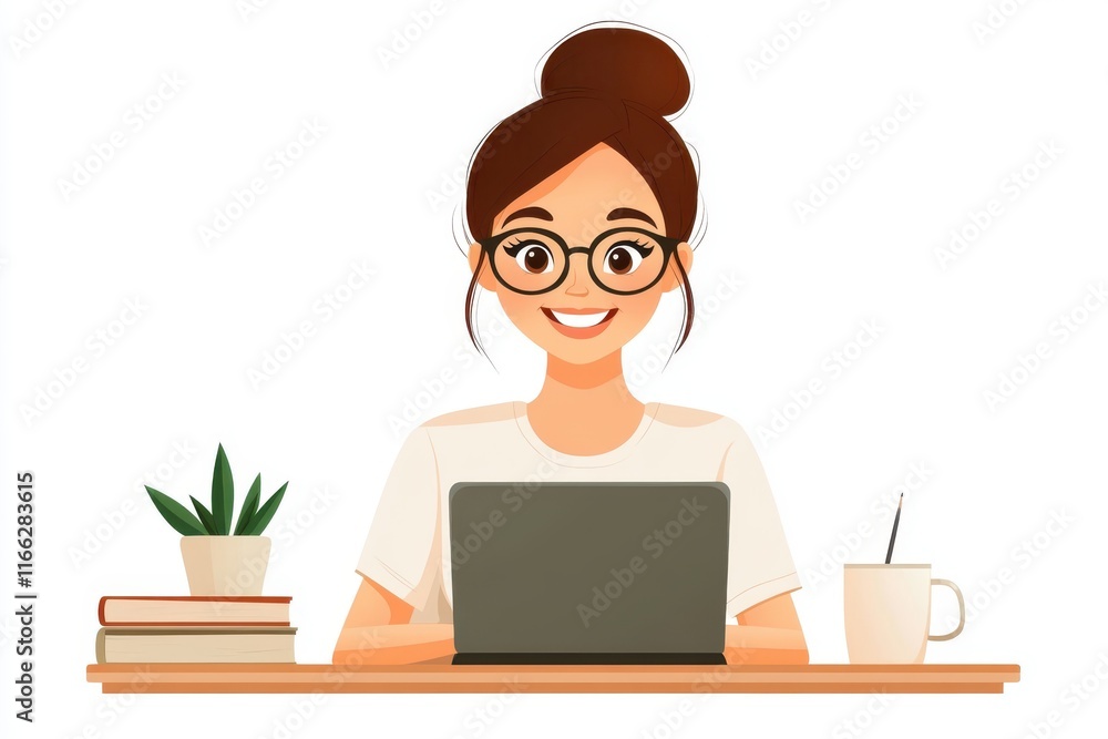 Creating a bright and cheerful workspace with a woman happily typing on her laptop surrounded by books and plants Creating a bright and cheerful workspace with a woman happily typing on her laptop surrounded by books and plants