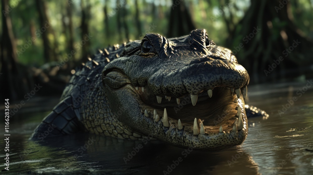 Obraz premium A close-up of a smiling alligator in a serene wetland environment.