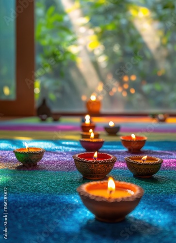 Peaceful Diwali Celebration with Colorful Rangoli and Traditional Diyas Illuminating a Serene Atmosphere in a Beautifully Decorated Home Space photo