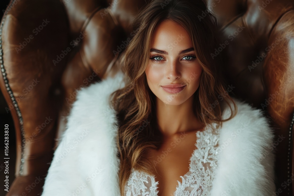 Elegant bride in luxurious fur wrap showcases serene beauty in intimate setting Elegant bride in luxurious fur wrap showcases serene beauty in intimate setting