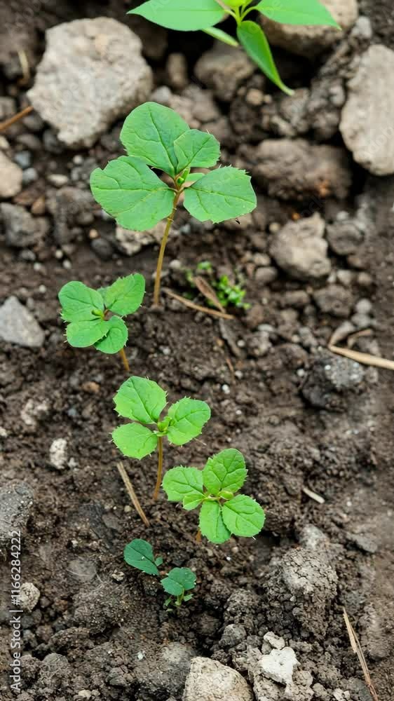 Young green plant thriving in rich soil during bright daylight in a garden Young green plant thriving in rich soil during bright daylight in a garden