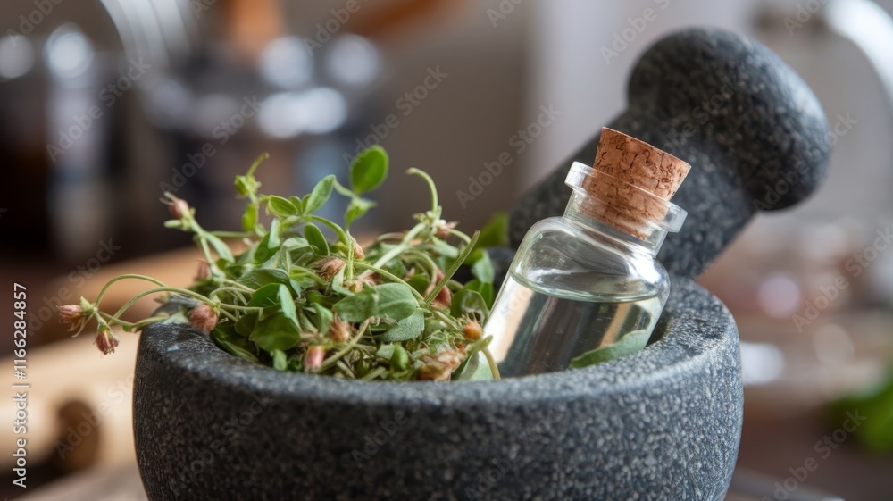 © riko2022 - Mortar with fresh herbs and homeopathic prescription vial concept © riko2022 - Mortar with fresh herbs and homeopathic prescription vial concept