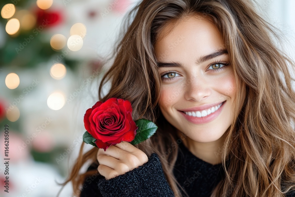 Radiant young woman smiles while holding a vibrant red rose in a softly lit indoor setting surrounded by festive decorations Radiant young woman smiles while holding a vibrant red rose in a softly lit indoor setting surrounded by festive decorations