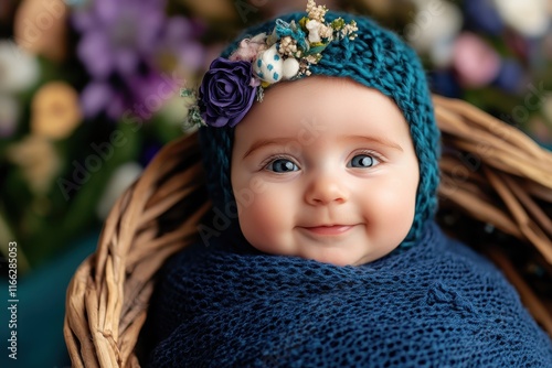 Joyful baby cherishes spring vibes with a charming floral backdrop and cozy knitted attire photo