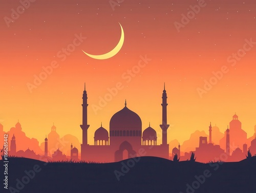 Serene Sunset Silhouette of a Middle Eastern Mosque Against a Gradually Darkening Sky with Moon and Stars Highlighting the Night photo