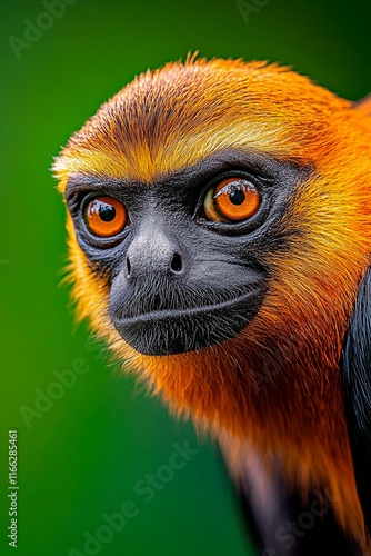 Curious primate gazing directly at the camera with striking orange highlights in lush green surroundings during daylight photo