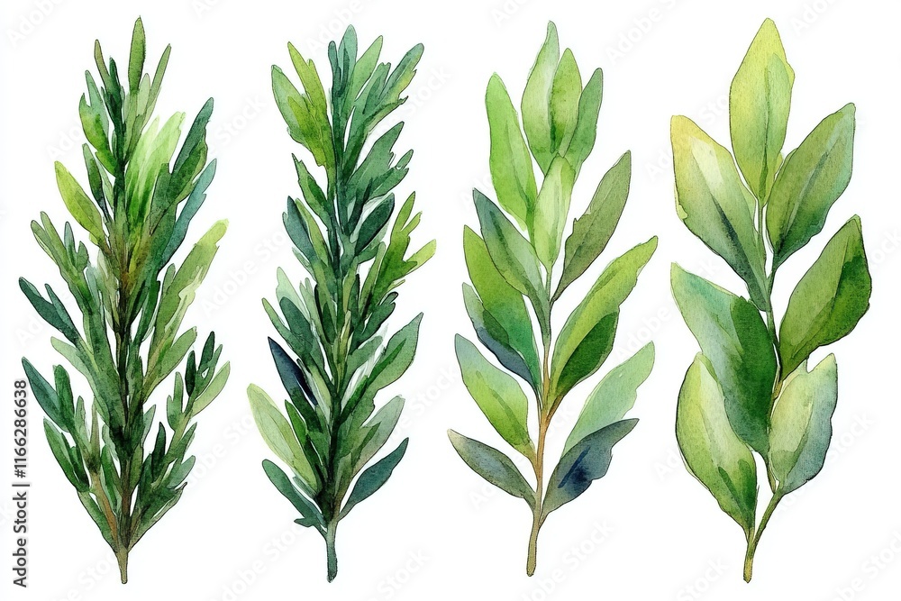 Obraz premium A watercolor illustration of various green herbs and leaves.
