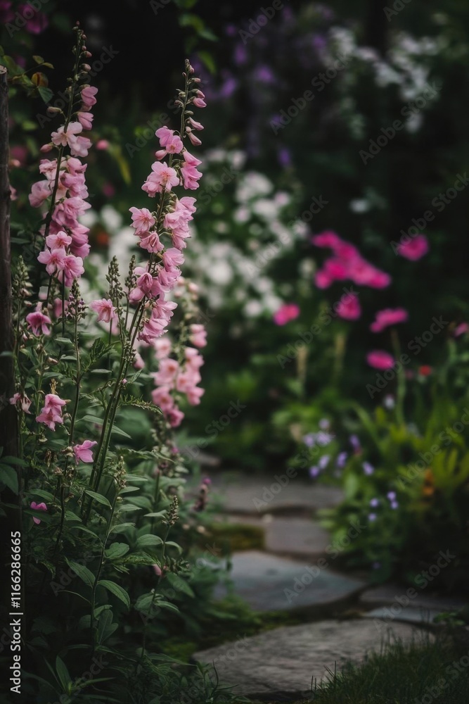 A serene garden path adorned with vibrant flowers in soft light. A serene garden path adorned with vibrant flowers in soft light.