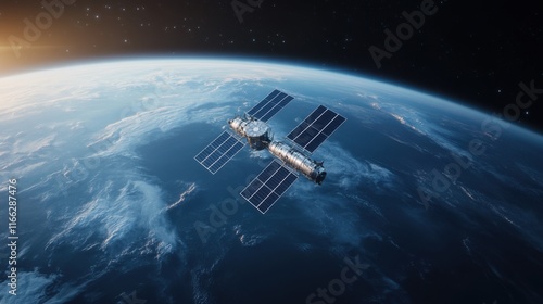 Fototapeta Naklejka Na Ścianę i Meble -  Space Station Orbiting Earth with Solar Panels against Starry Background in High-Resolution Image
