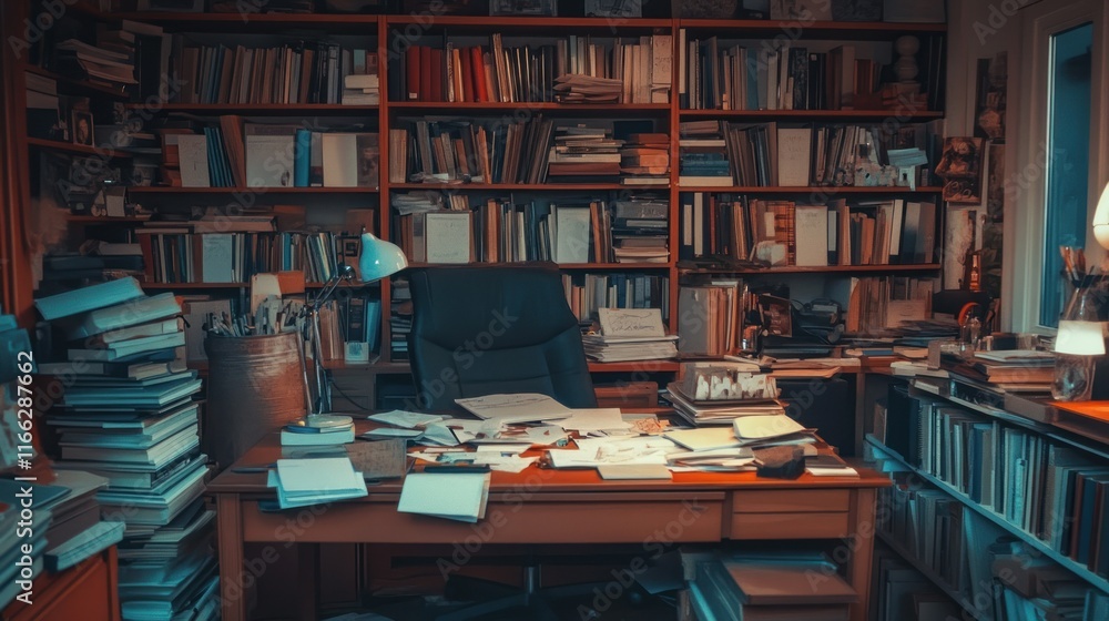 A cluttered study filled with books, papers, and a desk, suggesting a creative workspace. A cluttered study filled with books, papers, and a desk, suggesting a creative workspace.