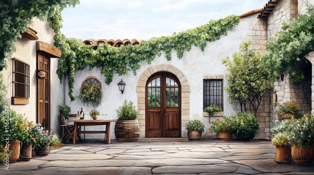 Obraz premium Charming Mediterranean Courtyard with Lush Greenery and Rustic Design Elements in Tranquil Atmosphere