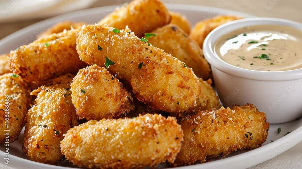A plate of crispy, golden fried snacks served with a creamy dipping sauce. A plate of crispy, golden fried snacks served with a creamy dipping sauce.
