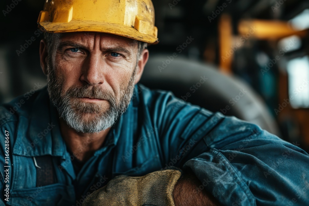 Dedicated worker in hard hat displays pride and determination in a bustling industrial environment Dedicated worker in hard hat displays pride and determination in a bustling industrial environment