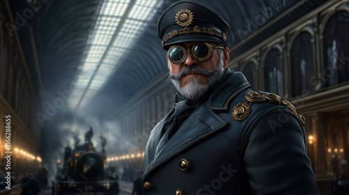 Vintage Steam Train Station Scene Featuring Dapper Man in Military Style Uniform and Goggles photo