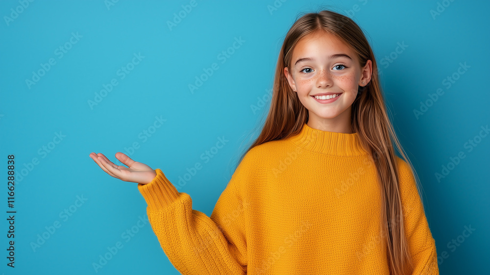 Attractive girl holding copy space ad over blue background.
Attractive girl holding copy space ad over blue background.
