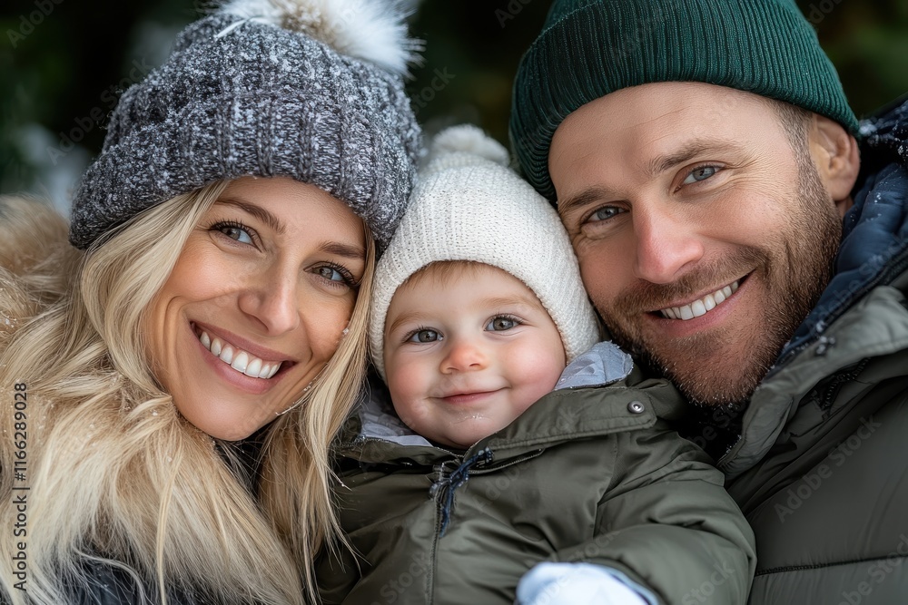 Joyful family poses together in winter wonderland with warm smiles and cozy attire, capturing a moment of happiness Joyful family poses together in winter wonderland with warm smiles and cozy attire, capturing a moment of happiness