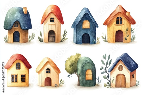 A collection of whimsical, colorful cartoon-style houses with varied designs.