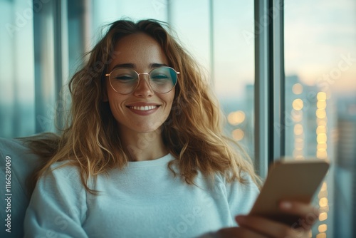 Enjoying a cozy evening, a woman smiles while using her smartphone by the window as city lights twinkle at sunset