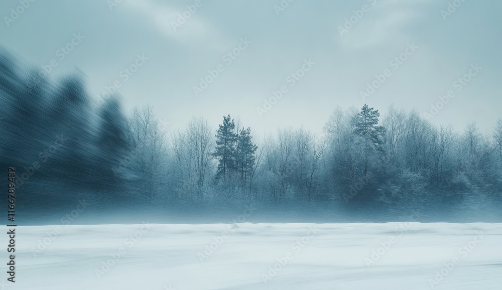 Tranquil Winter Landscape with Blurry Trees and Soft Snow Cover Under Overcast Sky, Evoking a Sense of Calm and Serenity in Nature's Winter Wonderland Tranquil Winter Landscape with Blurry Trees and Soft Snow Cover Under Overcast Sky, Evoking a Sense of Calm and Serenity in Nature's Winter Wonderland