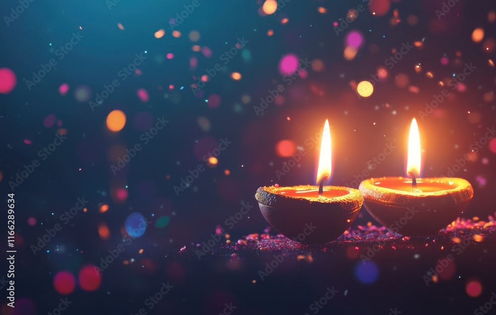 Two Traditional Candles Glowing in the Dark with Colorful Bokeh Lights Creating a Magical Atmosphere Perfect for Celebrations and Festivals Two Traditional Candles Glowing in the Dark with Colorful Bokeh Lights Creating a Magical Atmosphere Perfect for Celebrations and Festivals