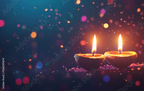 Two Traditional Candles Glowing in the Dark with Colorful Bokeh Lights Creating a Magical Atmosphere Perfect for Celebrations and Festivals photo