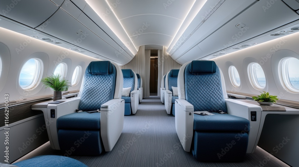 Naklejka premium Luxurious interior of a modern private jet featuring spacious seating and elegant design elements