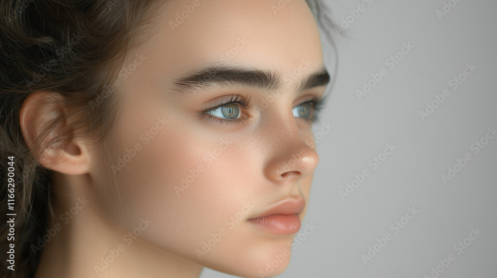 Attractive girl with copy space in profile portrait.
Attractive girl with copy space in profile portrait.
