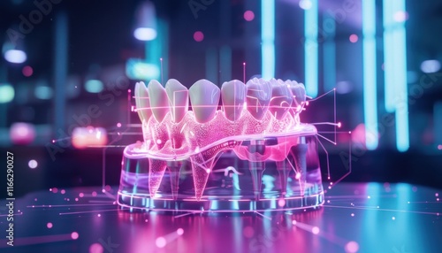 Digital dental model, futuristic technology for dentistry.  High-quality 3D rendering of teeth, perfect for medical or tech concepts.