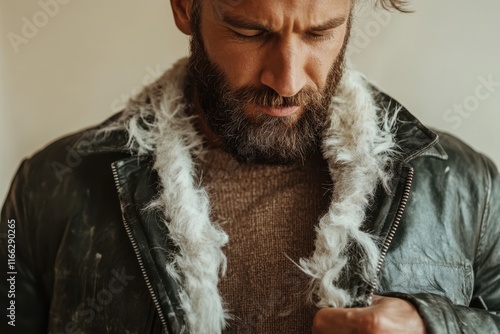 Stylish man in a vintage leather jacket showcasing confidence and a rugged look photo