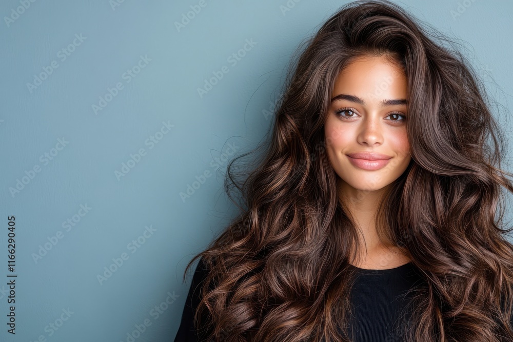 Captivating portrait of a young woman with voluminous hair and radiant smile against a soft blue backdrop Captivating portrait of a young woman with voluminous hair and radiant smile against a soft blue backdrop