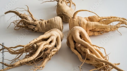 Ginseng energy root, four whole roots displayed on a white surface photo