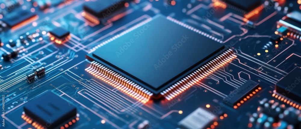Fototapeta premium Close-up View of Modern Computer Circuit Board with Microchip and Electrical Components for Technology Background