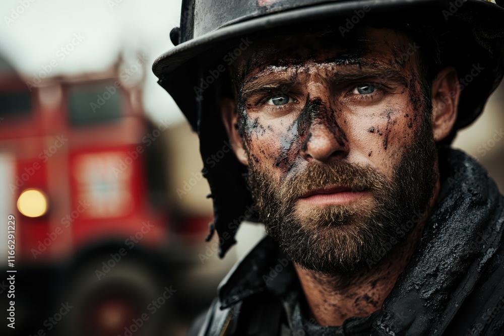 Brave firefighter stands determined amidst smoky chaos after a relentless battle against a fierce blaze Brave firefighter stands determined amidst smoky chaos after a relentless battle against a fierce blaze