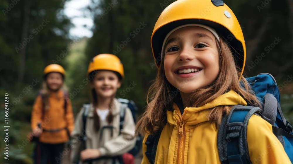 Smiling Girl in Yellow Jacket and Helmet with Friends Enjoying an Outdoor Adventure in the Forest Trail Smiling Girl in Yellow Jacket and Helmet with Friends Enjoying an Outdoor Adventure in the Forest Trail