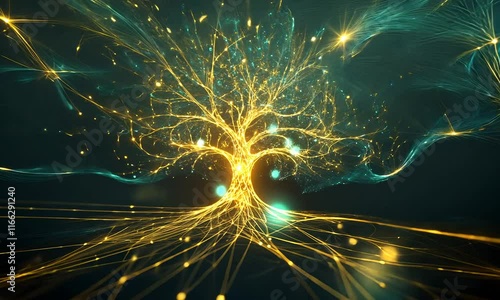 A glowing tree with intricate branches and roots, symbolizing life and energy.