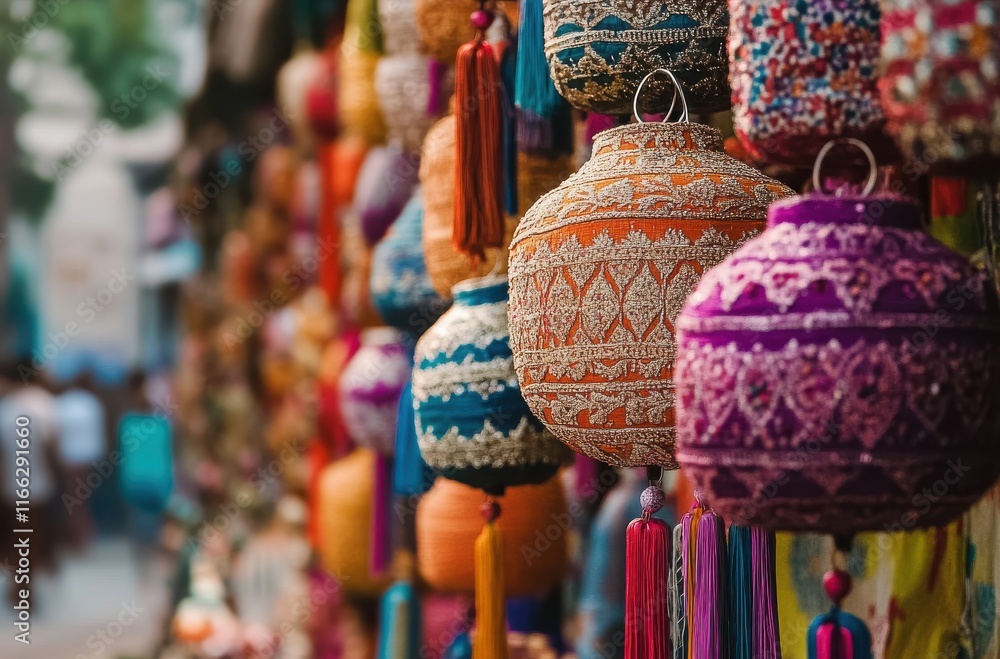 Fototapeta premium Vibrant Colorful Lanterns Hang in a Market, Showcasing Intricate Designs and Textures, Creating a Festive Atmosphere Full of Culture and Tradition