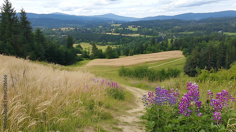 Obraz premium Scenic mountain valley landscape with wildflowers, dirt road, and wheat fields.