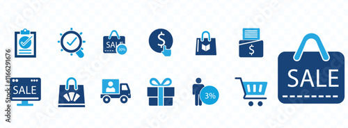  sale icon set .   Containing basket, shopping cart, discount, online shopping, sale, client, delivery, wallet and shop. 