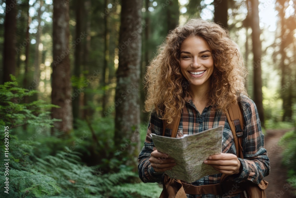 Enjoying nature while exploring a forest path with a map in hand on a sunny afternoon Enjoying nature while exploring a forest path with a map in hand on a sunny afternoon